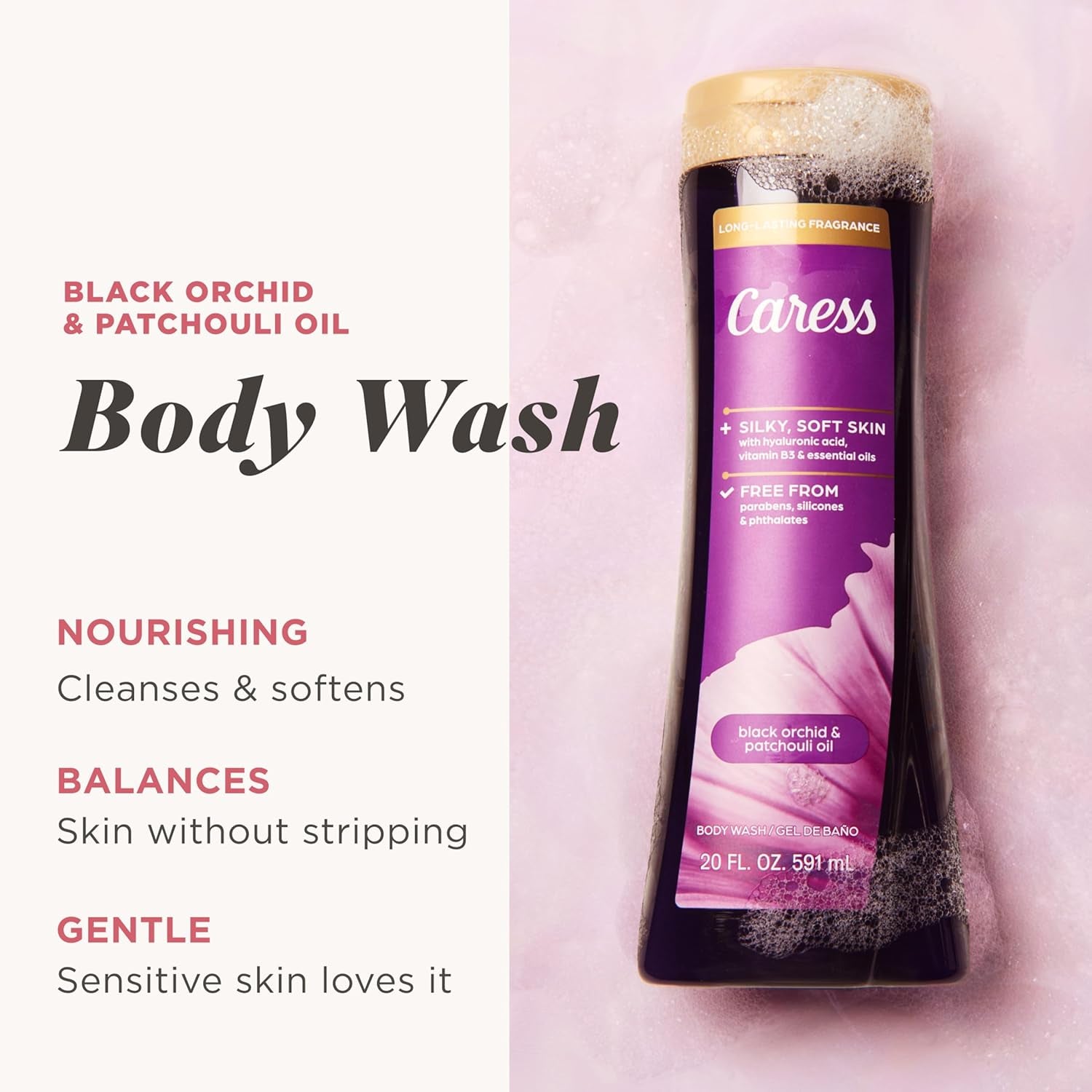 Indulge in Luxury with Caress Black Orchid & Patchouli Oil Body Wash - Hydrating Formula with Hyaluronic Acid & Vitamin B3 for Silky Soft Skin - 20 Fl Oz (4 Pack)