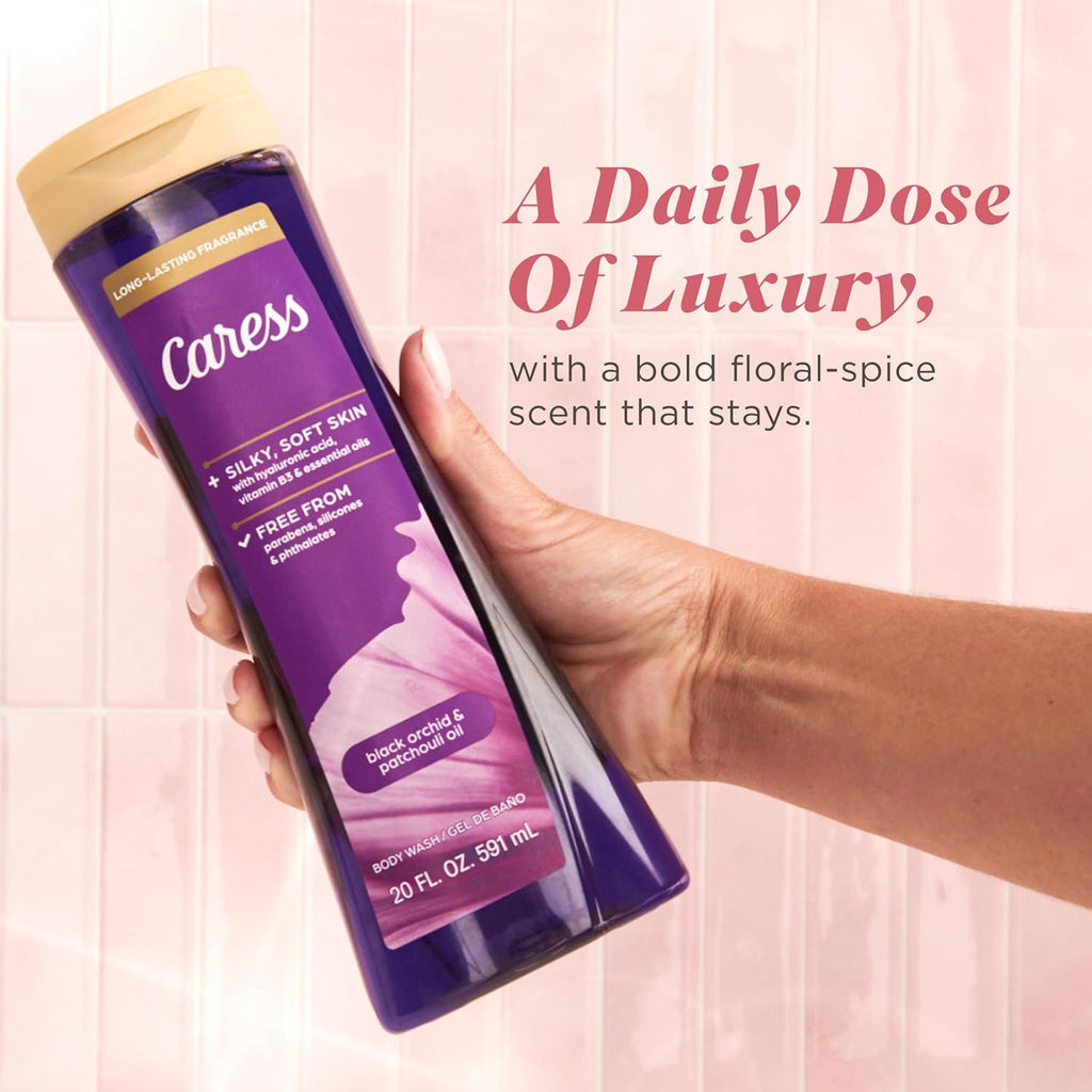 Indulge in Luxury with Caress Black Orchid & Patchouli Oil Body Wash - Hydrating Formula with Hyaluronic Acid & Vitamin B3 for Silky Soft Skin - 20 Fl Oz (4 Pack)