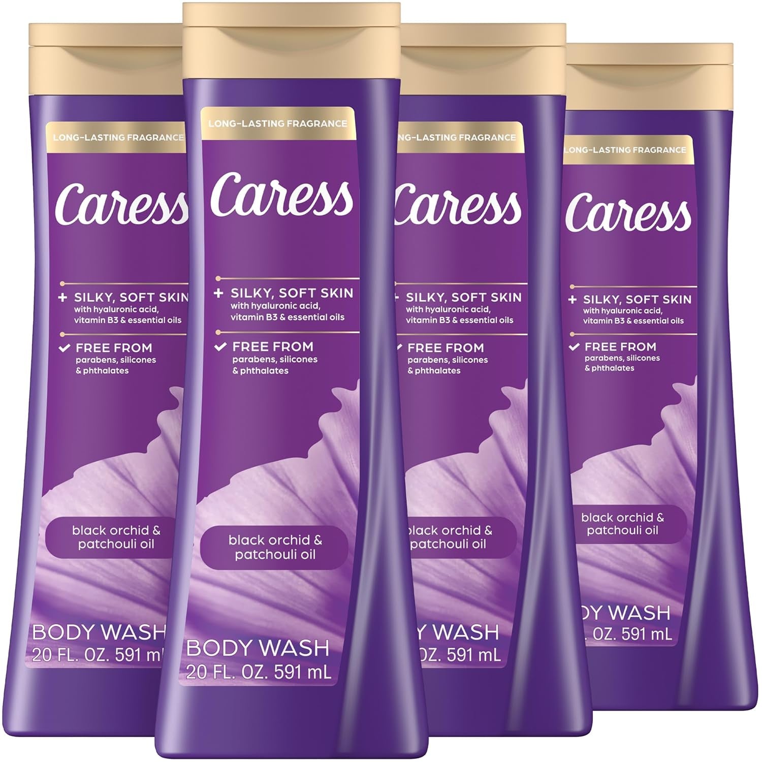 Indulge in Luxury with Caress Black Orchid & Patchouli Oil Body Wash - Hydrating Formula with Hyaluronic Acid & Vitamin B3 for Silky Soft Skin - 20 Fl Oz (4 Pack)