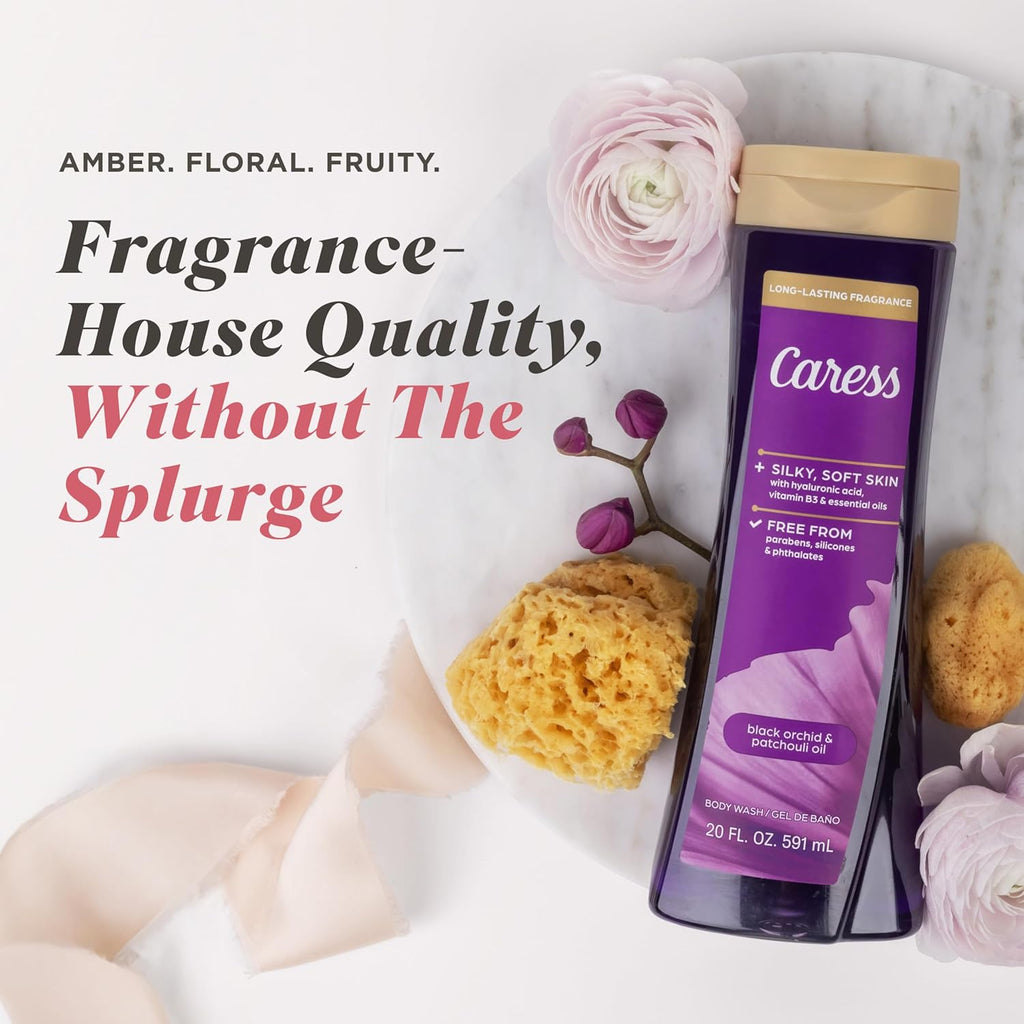Indulge in Luxury with Caress Black Orchid & Patchouli Oil Body Wash - Hydrating Formula with Hyaluronic Acid & Vitamin B3 for Silky Soft Skin - 20 Fl Oz (4 Pack)